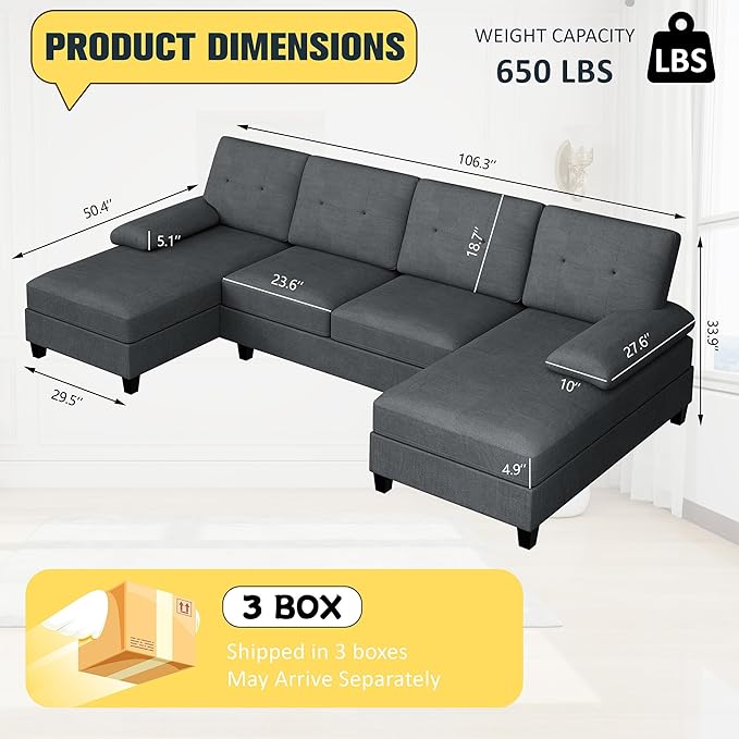 JY QAQA Sectional Couche with Soft Cushion U-Shaped Sofa with Double Chaise 4-Seat Linen Fabric Sofa Sets for Living Room Apartment Black