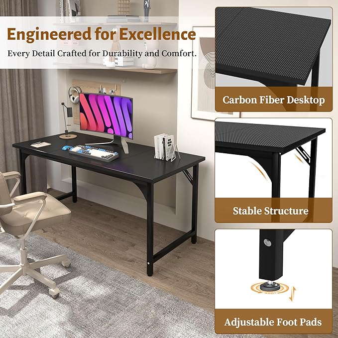 AZN 55 X 24 inch Computer Desk w/Deeper &amp Thicker Carbon Fiber Desktop Office Desk w/Sturdy Metal Frame Modern Simple Desk w/Large Legroom Study Gaming Writing Work Desk for Home Office Bedroo