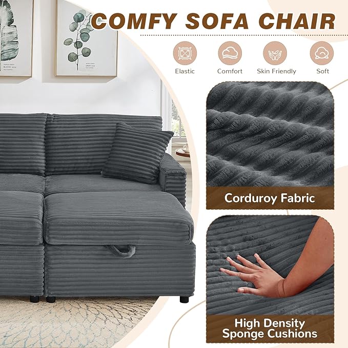 Chaise Lounge Chair Indoor 68 W Corduroy Loveseat Sectional Couch with Sorage Ottoman/Wing Table/Charge Ports/Cup Holder Modern Comfy Deep Seat Reading L-Shape Sofa for Living Room Dark Gray