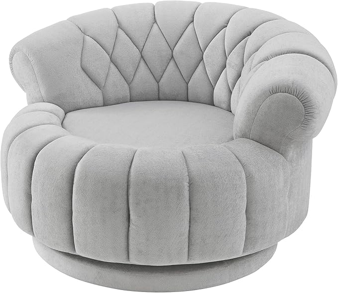 360° Swivel Accent Chair Chenille Fabric Barrel Swivel Chair Round Club Chair with Curved Armrests &amp Thick Cushioning Stylish Channel-Tufted &amp Diamond-Quilted Backrest for Living Room (Gray