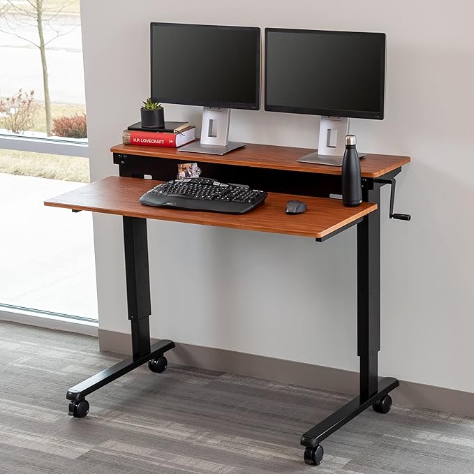 Stand Up Desk Store Crank Adjustable Two Tier Standing Desk with Heavy Duty Steel Frame (Black Frame/Teak Top 48 Wide)