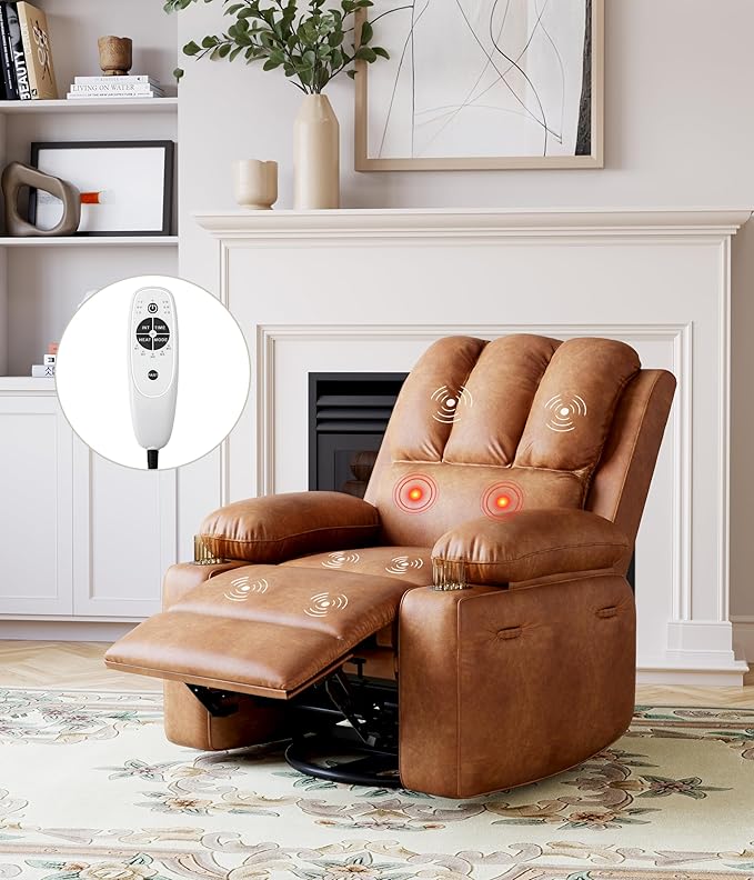 Brown Electric Power Recliner Chair with Heat and Massage Wide 22-Inch Reclining Seat with Built-in Cup Holders Comfortable and Functional Living Room and Nursery Chair