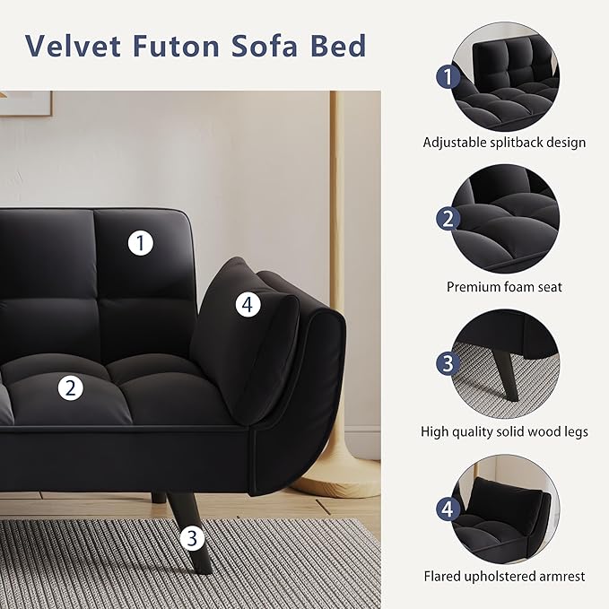 Olela Futon Sofa Bed Convertible Sleeper Couch 74 W Modern Velvet Loveseat with Adjustable Backrests and Solid Wood Legs for Living Room Bedroom Small Space (Black)