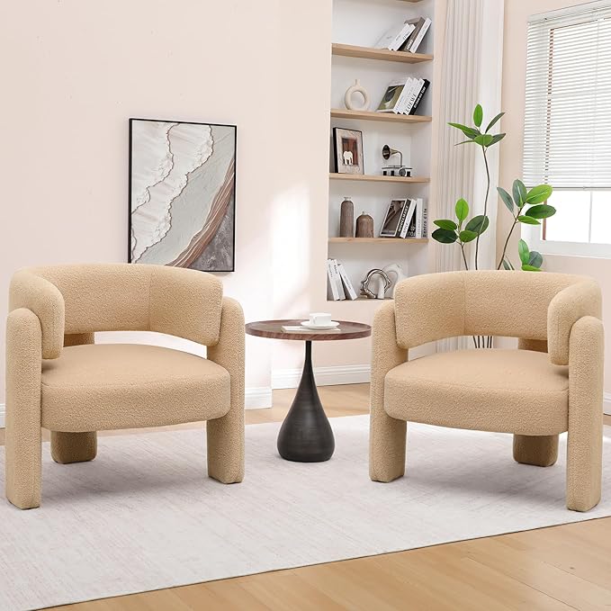 Accent Chairs Set of 2 Modern Sherpa Barrel Chairs Upholstered Living Room Chairs with 3 Legs Comfy Armchair Reading Side Chair for Bedroom Office Apartment Khaki