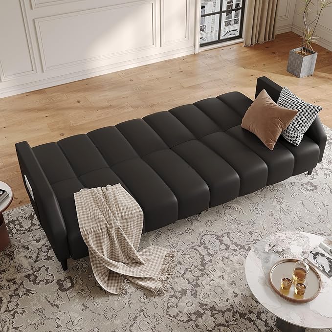 Fadware Faux Leather Couch Convertible Futon Sofa Bed with Adjustable Backrest Mid Century Leather Sofa Loveseat with Side Pockets&amp Metal Leg Modern Leather Sleeper Sofa for Living Room Bedroom