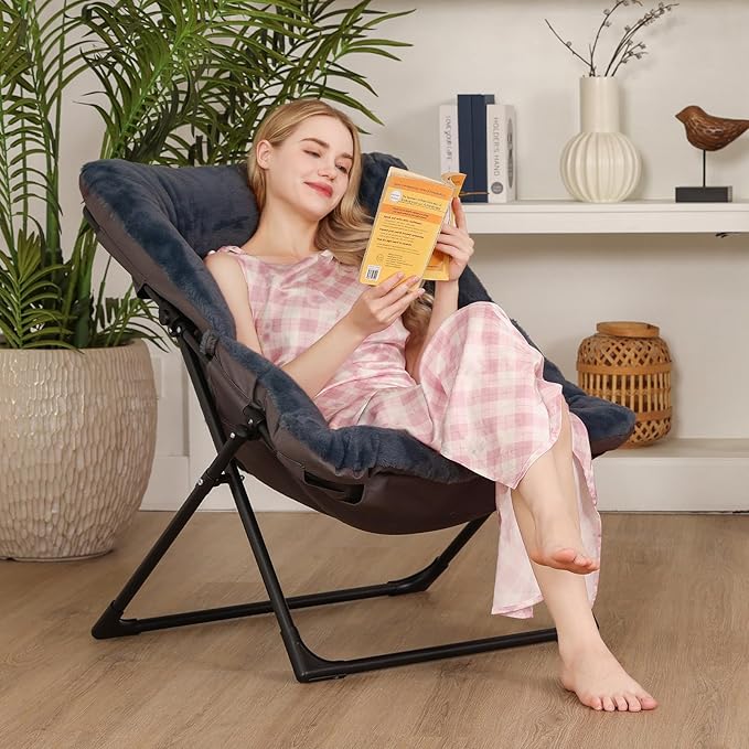 Comfy Saucer Chair for Adults Soft Faux Fur Bedroom Chair Accent Dorm Chairs Flexible Living Room Reading Chairs Oversized Folding Seat for Teens X-Large Navy Blue