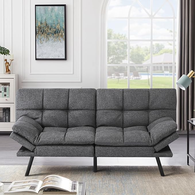 MUUEGM Memory Foam Futon Sofa Bed Adjustable Backrests Armrests Convertible Modern Design Couch for Living Room Apartment Office Small Room 71 Daybed Dark Gray