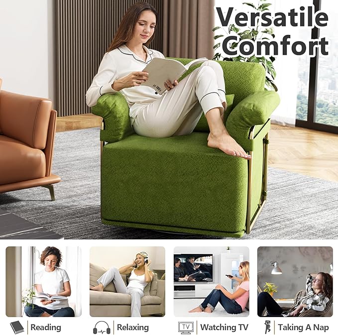 Swivel Accent Chairs 360 Swivel arm Chairs for Bedroom Club Chair with Back Gold Frame Tall Base for Office and Living Room (Green)
