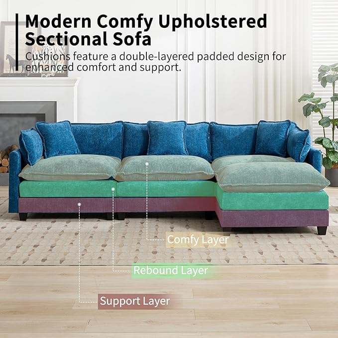 113.78 Modular Cloud Couch Sectional L Shaped Modular Sectional Sofa with Movable Ottoman and Throw Pillows Comfy Chenille Fabric Deep Seat Cloud Sofa Couches for Living Room (Blue3-Seater)
