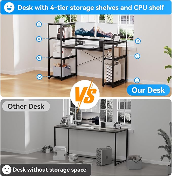 Computer Desk with Storage Shelves 63 Inch Office Desk with Monitor Stand Gaming Desk with CPU Stand for Study Writing PC Work Gaming Black