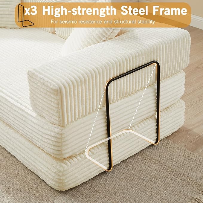 81'' Futon Sofa Bed Folding Floor Couch Bed Corduroy Fabric Boneless Couch Compressed Boneless Sofa in a Box Comfy Sleeper for Living Room-Beige