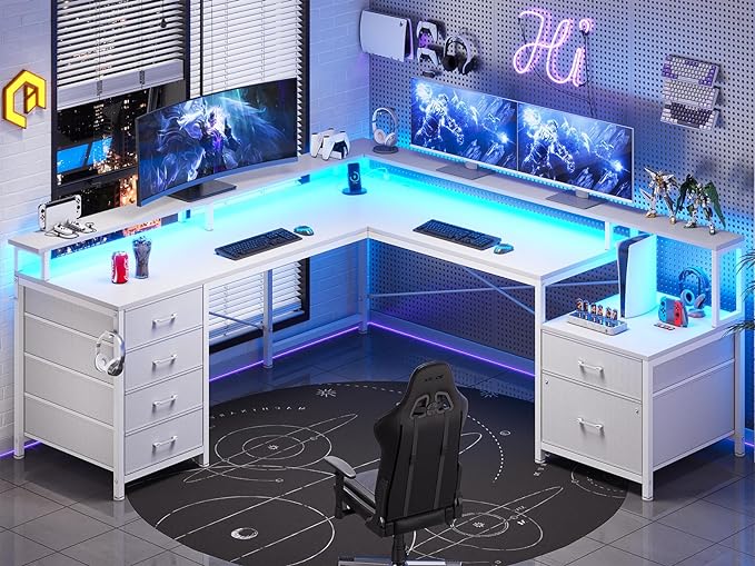SEDETA L Shaped Desk with 6 Drawer 108 Home Office Desk with File Drawer &amp Power Outlet Corner Computer Desk with Monitor Shelf File Cabinet Two Person Desk Gaming Desk with Led Lights Whit