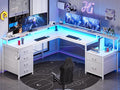 SEDETA L Shaped Desk with 6 Drawer 108 Home Office Desk with File Drawer &amp Power Outlet Corner Computer Desk with Monitor Shelf File Cabinet Two Person Desk Gaming Desk with Led Lights Whit