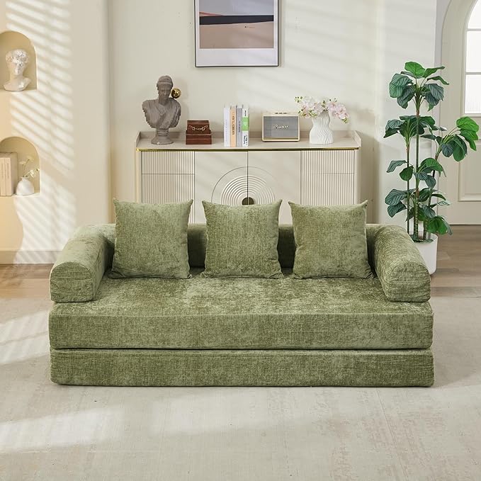 Convertible Folding Sofa Bed Modular Floor Couch 78.8‘’ Cloud Sleeper Sofa with Removable Backrest Chenille Foldable Mattress Couch Lazy Loveseat for Small Space Apartment Bedroom Green