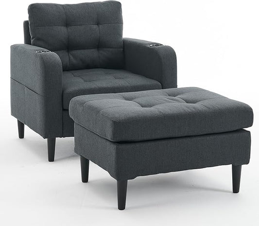 Accent Chair with Ottoman Set Upholstered Armchair with Storage Ottoman Cup Holders &amp Side Pocket Single Sofa Chair with Tufted Detailing for Living Room or Bedroom (Dark Grey)