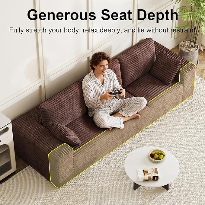 Corduroy Cloud Modular Sectional Couch Boneless Memory Foam Sectional Sofa Comfy L-Shaped Compression Couches with Chaise for Living Room No Assembly Required (Brown 3-Seater)