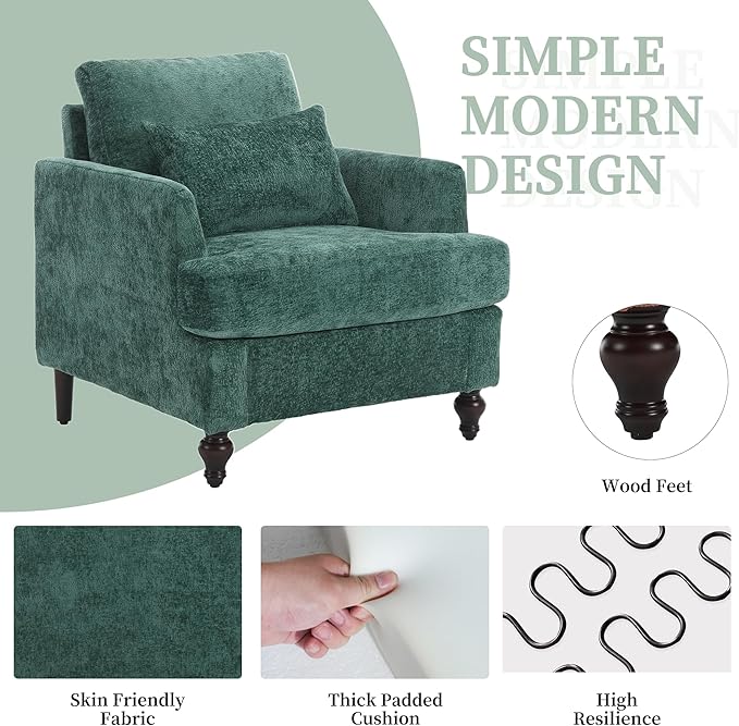 Modern Accent Chair Living Room Upholstered Chenille Armchair with Waist Pillow Single Sofa for Living Room Bedroom Office Emerald