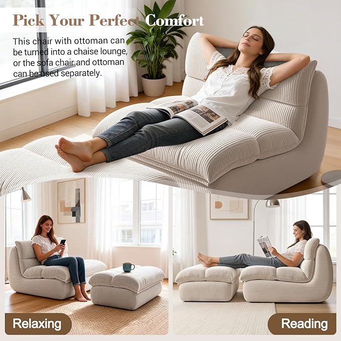 Boneless Chaise Lounge Chair Indoor Adult Bean Bag Chair with Ottoman Memory Foam Stuffed Lazy Sofa for Comfy Floor Sofa Lounge for Living Room Bedroom Office Apartment