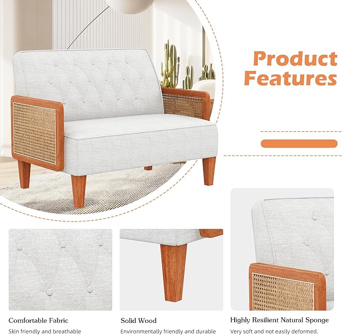 Love Seat Settee Mini Couch Upholstered Sofa with Natural Rattan Armrest Backrest Button Tufted Buckle Couch Banquette Bench Loveseat for Dining Living Room Bedroom Light Grey