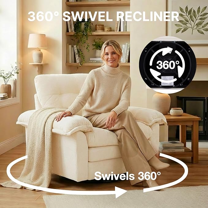 360° Swivel Accent Chair Oversized Plush Modern Chenille Armchair with Padded Seat &amp Back Comfy Spinning Chair for Living Room Bedroom Office (Beige)