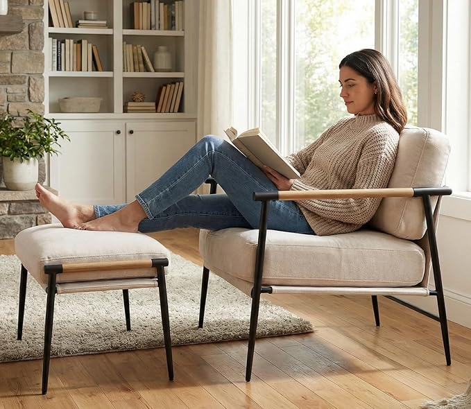 LukeAlon Mid-Century Chenille Accent Chairs with Ottoman Set of 2 Soft Living Room Chairs with Metal Legs Modern Upholstered Armchairs Lounge Chair with Footstool for Bedroom Reading Room Beige