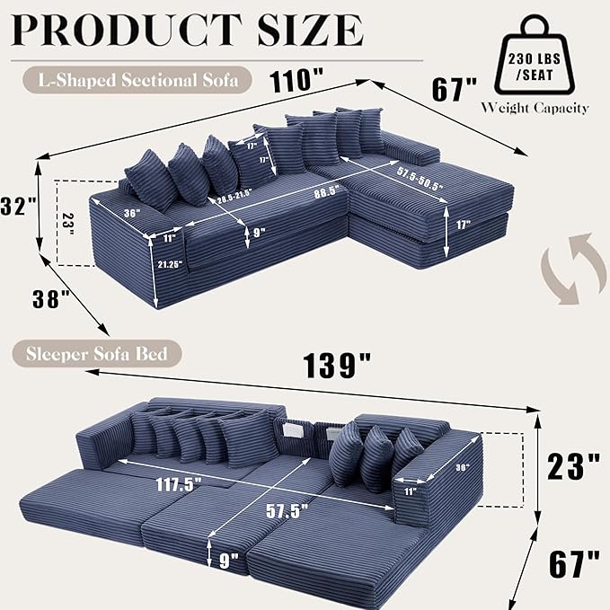 110 Oversized L Shaped Convertible Sleeper Sofa Bed Corduroy Folding Sectional Sofa with 8 Pillows &amp Storage Bags Modern Floor Mattress Couch for Living Room Small Spaces Blue Right Chaise