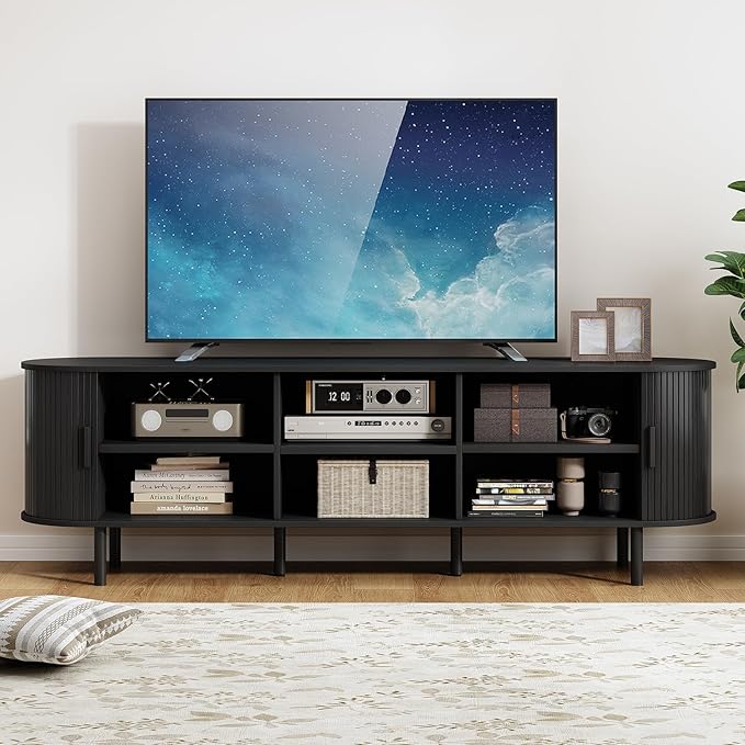70.8 TV Stand with Power Outlet Mid-Century Modern Television Stand Fluted Media Console with Sliding Doors Entertainment Center for TVs up to 60 Inch Adjustable Shelves Black