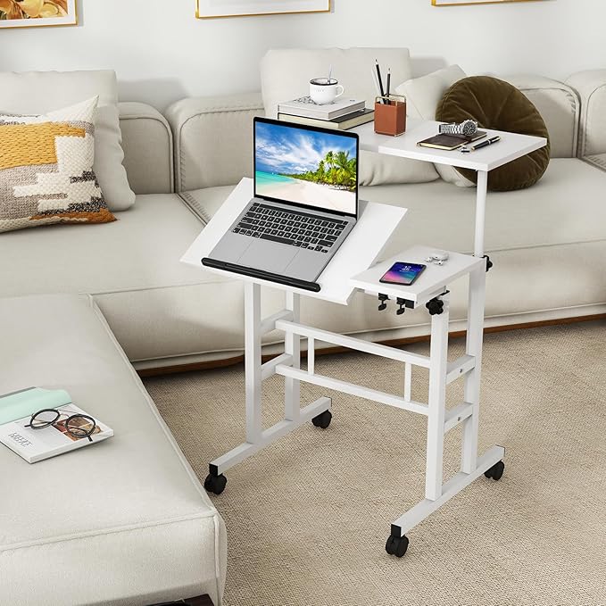 Tangkula Mobile Stand Up Desk Height Adjustable Home Office Desk with Standing &amp Seating 2 Modes Tilting Tabletop &amp Flexible Wheels Rolling Laptop Cart Sit Stand Desk (White)