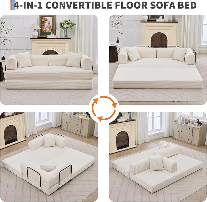 GarveeHome 79 Convertible Sleeper Sofa Bed Couch 4-in-1 Boneless Corduroy Folding Sofa Bed with Pillow &amp Fixed-Shape Floor Mattress Couch Loveseat for Living Room Apartments - No Assembly Beig