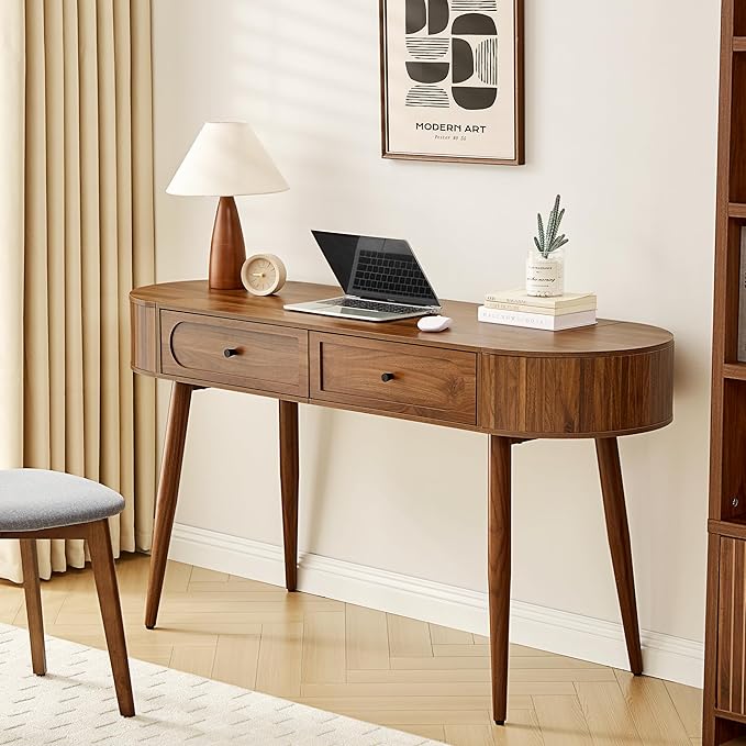 Mid-Century 59 Wood Writing Desk Home Office Computer Laptop Desk with 2 Flip Storage Space + 2 Drawer 150 CM Elegant Fluted Vanity Table Multifunctional Study Desk for Office Bedroom (Wlanut)
