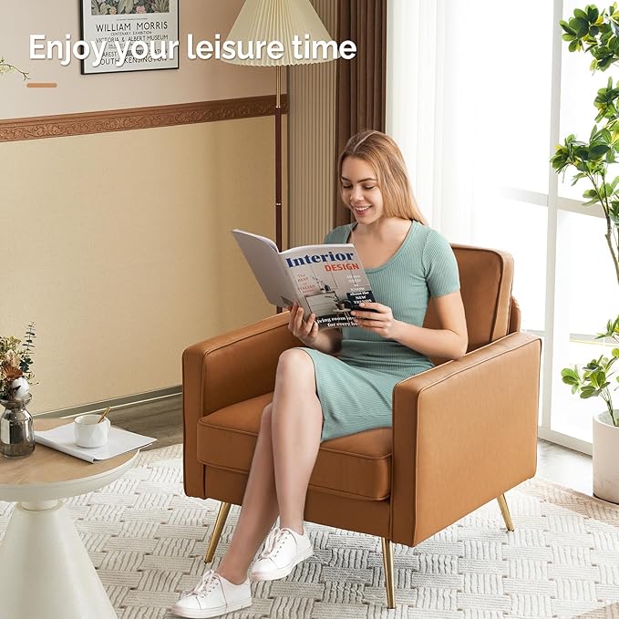 VINGLI Modern PU Leather Accent Chair for Living RoomBedroom Comfy Chair Arm Chair Reading Chair with Golden Metal Legs and Deep Seat for OfficeApartmentSmall SpaceCognac