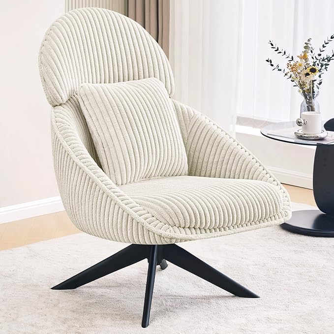 Furniliving Modern Accent Chair Upholstered Swivel Desk Chair for Living Room Sofa Chair for Bedroom Armchair Side Chair with Headrest Bedroom Chair with Pillow Comfy Corduroy Chairs Beige