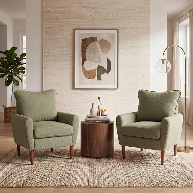 OLIXIS Comfy Accent Chair for Living Room Bedroom and Waiting Room Upholstered Mid-Century Reading Chair with Pillow and Solid Wood Legs Wide Singe Modern Lounge Sofa (Green)