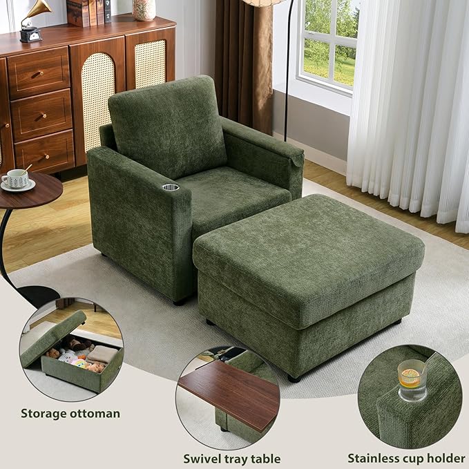 Modern Accent Chairs with Storage Ottoman Set Chenille Reading Armchair with Tray Table and Charging Ports Comfy Chaise Lounge Chair for Living Room Bedroom Reading Nook