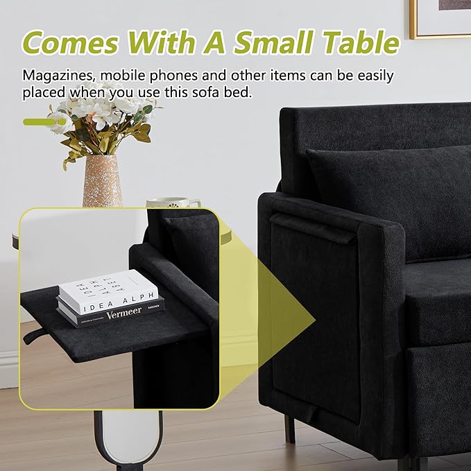 QHITTY Pull Out Couch Bed 2-in-1 Sleeper Sofa Small Loveseat Bed with Hidden Side Table and Iron Frame for Living Room Small Space Apartment (Black)