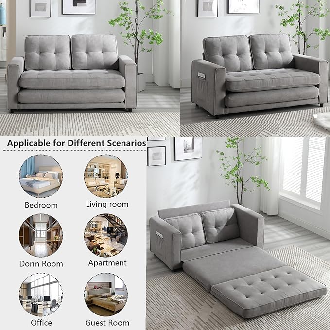 Futon Sofa Bed Convertible Folding Futon Couch Breathable Small CouchAdjustable Pull Out Chaise Lounge Couch for Compact Living Studio in Living Room and Bedroom Offices Loveseat (Light Gray)
