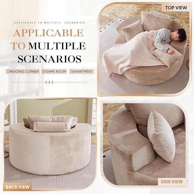 Modern Round Accent Sofa Chair for Living Room Upholstered Soft Terrycloth Barrel Lounge Arm Chair with Large seat&ampThrow Pillows for Bedroom Office Apartment Camel