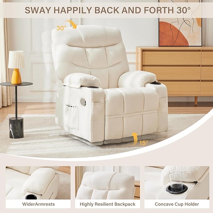 360°Swivel Rocker Recliner ChairRocking Recliner Chair with Adjustable Backrest for AdultsUpholstered Fabric Rocking Chair Swivel for BedroomLiving RoomWhite