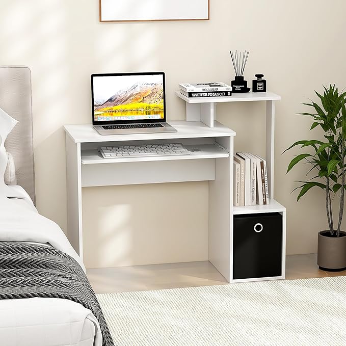Giantex White Computer Desk with Drawers &amp Keyboard Tray Modern Home Office Desk with Storage Shelves &amp Printer Stand Laptop PC Table for Workstation Study Writing Desk for Small Spaces Be