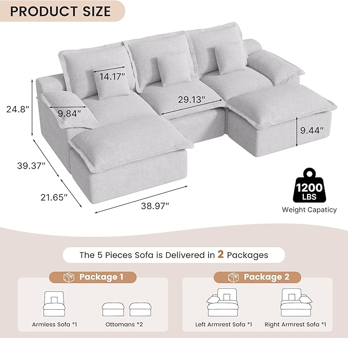 Modular Sectional Sofa 107'' Boneless Couches for Living Room 5-Seat Sofa with 2 Ottomans Cloud U Shaped Couch No Assembly Required Chenille Grey