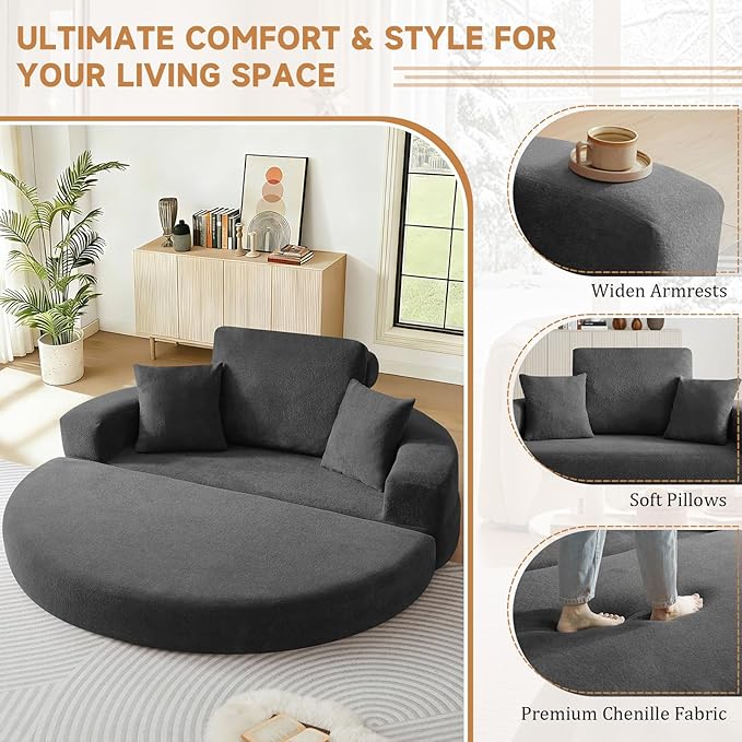 Curved Convertible Futon Sleeper Sofa Bed 70 Boneless Couch with Pull-Out Bed Chenille Foldable Floor Mattress for Living Room No Assembly Required Round Grey
