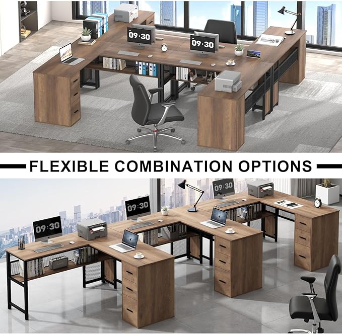 LVB Wood L Shaped Desk Large Computer Office Desk with File Cabinets Reversible Executive L Shape Gaming Desk with Drawers Metal Wooden Corner Desk Table with with Storage Shelf Rustic Oak 59 Inch