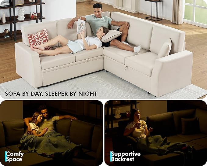 VanAcc Sofa Bed 85 Inch Sleeper Couch with Storage Seat L Shaped Sofa with Pull Out Sofa Bed Sectional Couches for Living Room Apartment Beige Linen Couch Sofa