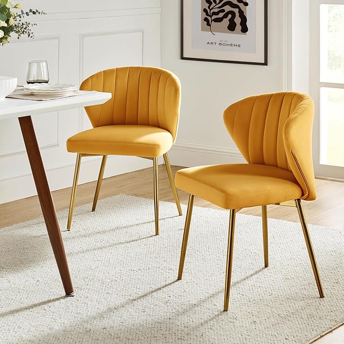 HULALA HOME Dining Chairs Set of 2 Velvet Upholstered Kitchen &amp Dining Room Chairs With Metal Legs Vanity Chair Armless Side Chairs for Living Room Bedroom Restaurant Channel Curved Backrest Mus