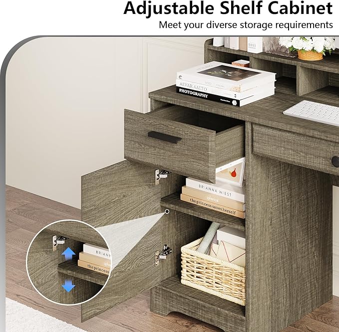 58 Inch Executive Desk with File Drawers Computer Desk with Storage Rustic Desk with Adjustable Shelves Office Desk with Hutch for Bedroom Grey