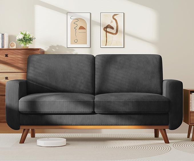 Vesgantti 68 Loveseat Sofa Black Comfy Corduroy Couch with Spring Cushion and Solid Wood Modern Extra Deep Seat for Bedroom Living Room Office
