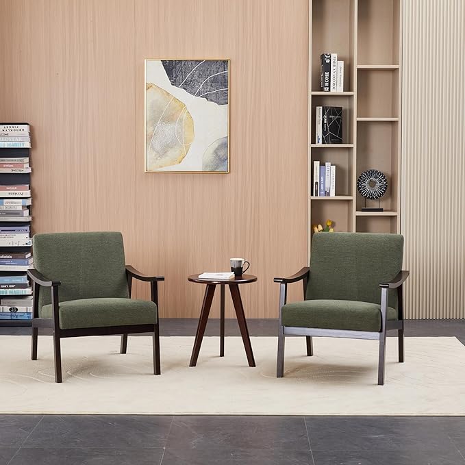 Mid-Century Accent Chair Upholstered Fabric Living Room Chair with Solid Wood Frame Modern Small Side Arm Chairs Comfy Wingback Reading Chair for Bedroom Office (Antique Green)
