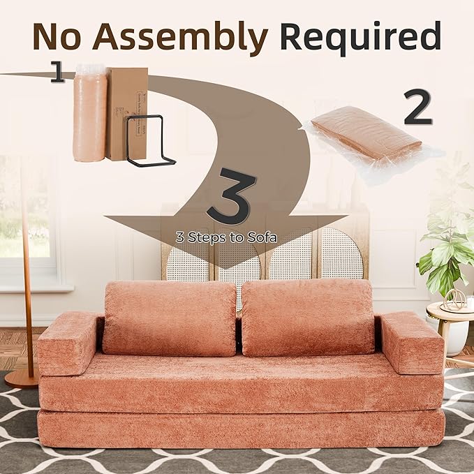 Convertible Sofa Bed 4-in-1 DIY Combination Modular Couch with Pillows Comfy Boneless Sleeper Sofa Bed with Fixed-Shape Frame Chenille Convertible Lounge Couch for Living Room Orange