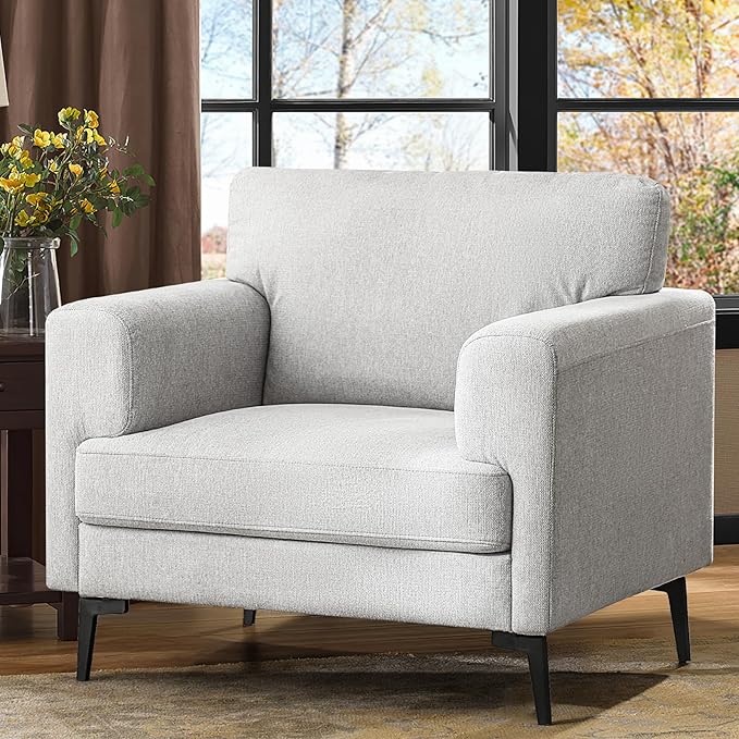 Oversized Accent Chair Upholstered Living Room Chairs Single Sofa Chair w/Metal Legs Comfy Linen Fabric Reading Lounge Armchair for Apartment Bedroom Office Light Grey 1PC