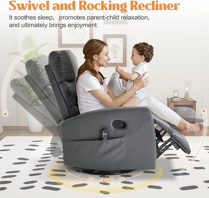 Luxlen Manual Swivel Rocker Recliner Chair with Massage Overstuffed Recliner Glider with Vibration Massage and Heat for Nursery Living Room Reclining Sofa Chair PU Leather Gray